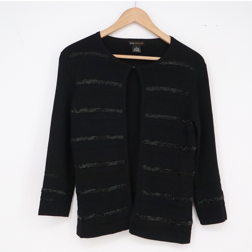 Grace Dane Lewis Cardigan Womens S Open Front Black Beaded Stripe Excellent